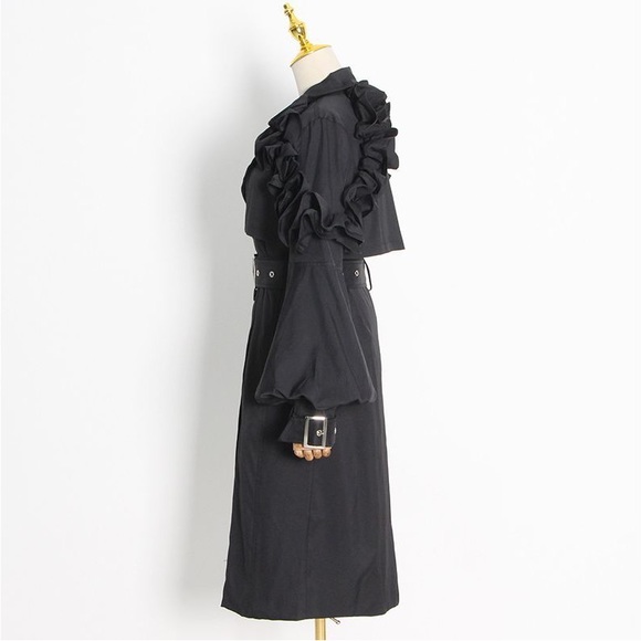 LAST ONE!! Ruffle Trim Statement Trench Coat Black - Picture 7 of 9
